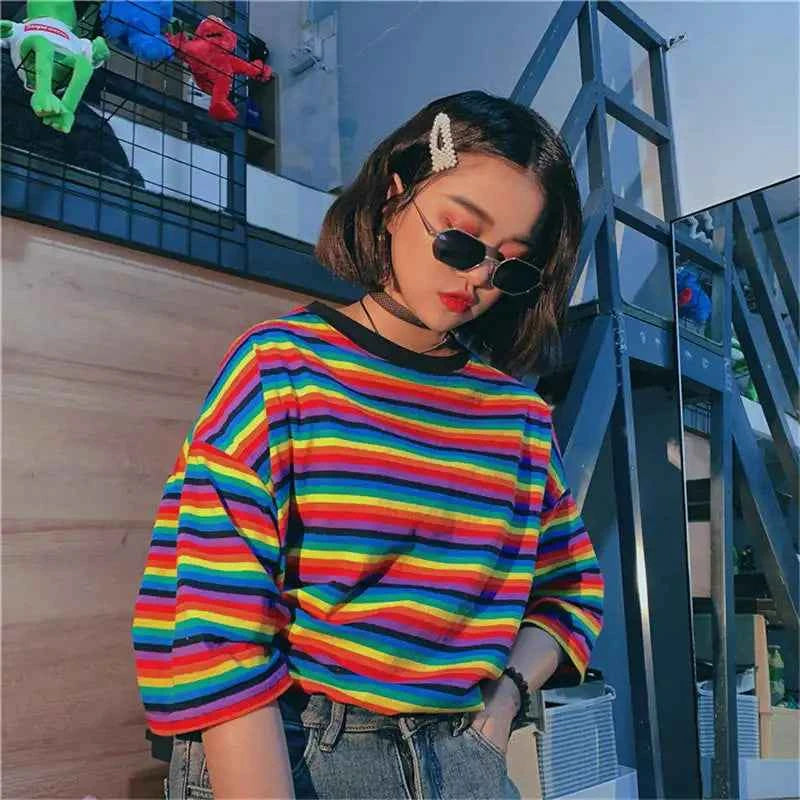 Women's Striped Summer Preppy T-Shirt – Aesthetic Loose Fit Harajuku Chic Tee