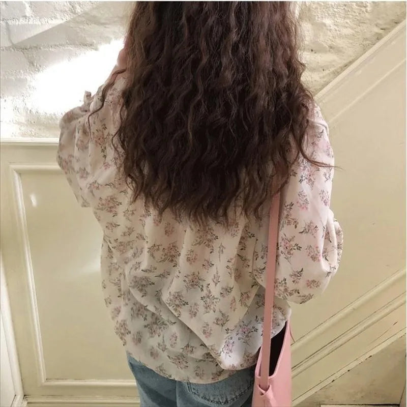 Women's Floral Chiffon V-Neck Blouse – Elegant Ulzzang Summer Tunic Top