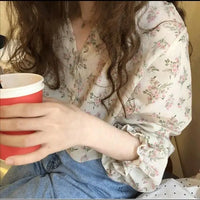 Women's Floral Chiffon V-Neck Blouse – Elegant Ulzzang Summer Tunic Top