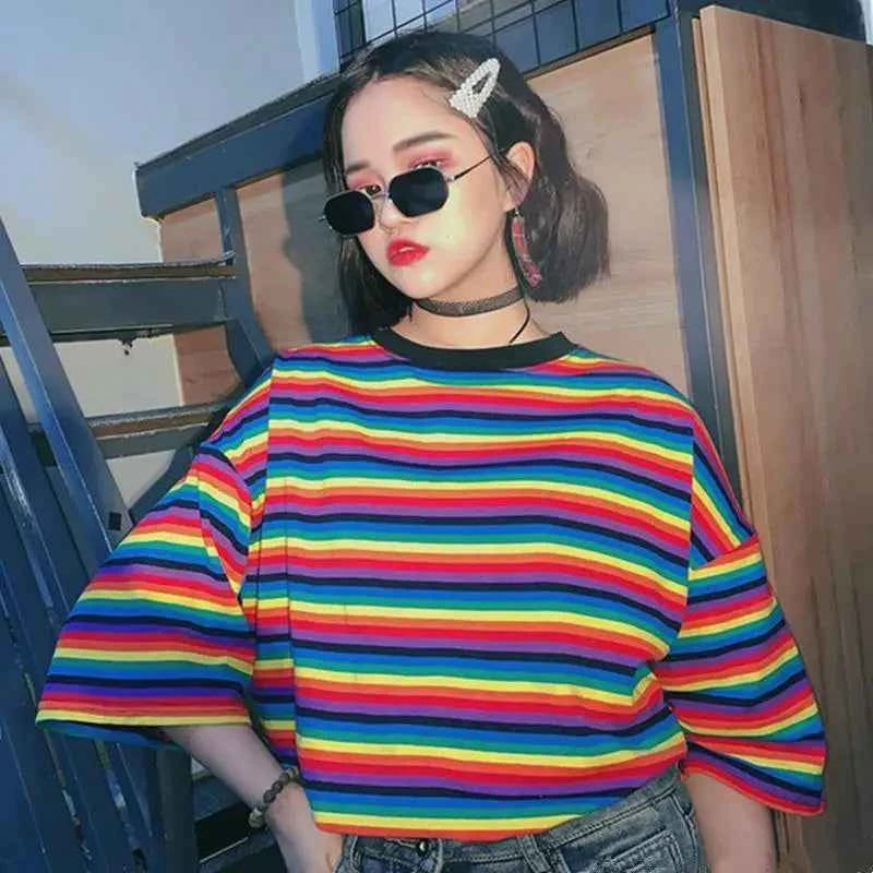 Women's Striped Summer Preppy T-Shirt – Aesthetic Loose Fit Harajuku Chic Tee