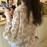 Women's Floral Chiffon V-Neck Blouse – Elegant Ulzzang Summer Tunic Top