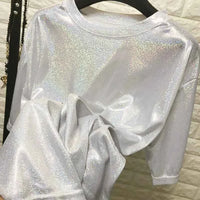 summer woman tops shiny loose short sleeve t-shirt sexy club aesthetic harajuku women stylish bright silk tshirt