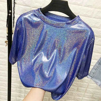 summer woman tops shiny loose short sleeve t-shirt sexy club aesthetic harajuku women stylish bright silk tshirt