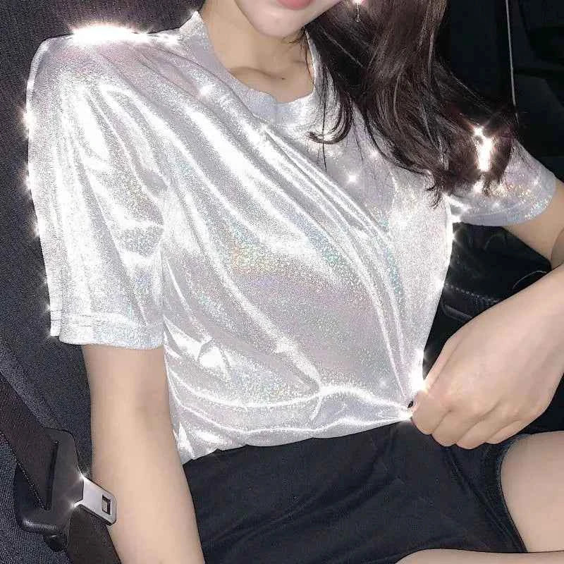 summer woman tops shiny loose short sleeve t-shirt sexy club aesthetic harajuku women stylish bright silk tshirt