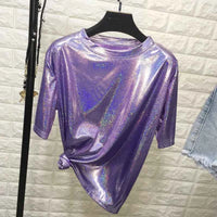 summer woman tops shiny loose short sleeve t-shirt sexy club aesthetic harajuku women stylish bright silk tshirt