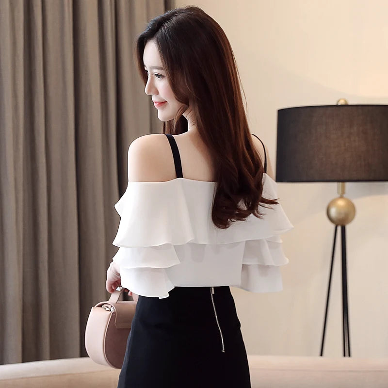 Women's Off Shoulder Chiffon Blouse – Elegant White Fashion Top 2024