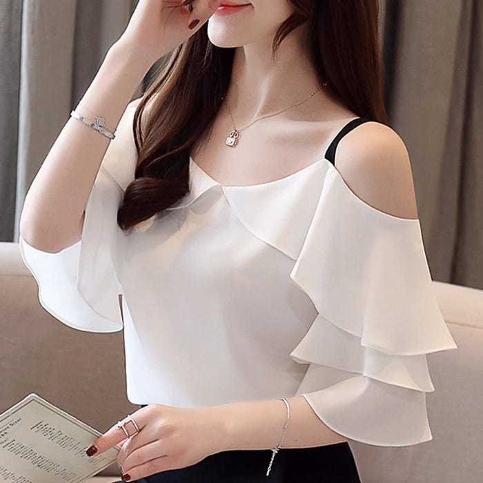 Women's Off Shoulder Chiffon Blouse – Elegant White Fashion Top 2024