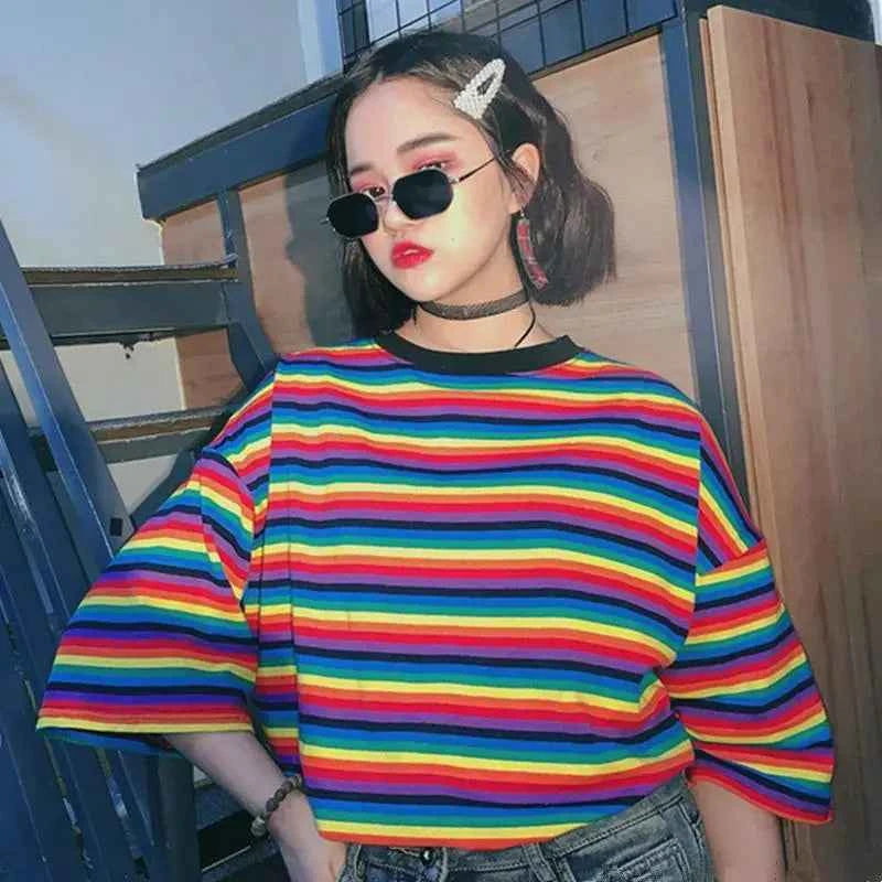 Women's Striped Summer Preppy T-Shirt – Aesthetic Loose Fit Harajuku Chic Tee