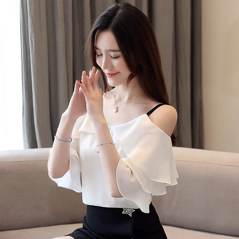 Women's Off Shoulder Chiffon Blouse – Elegant White Fashion Top 2024