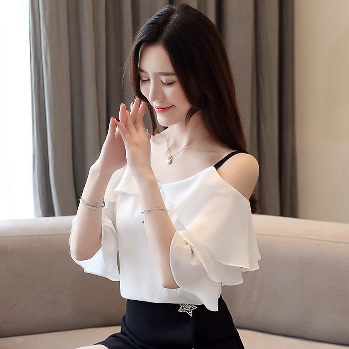 Women's Off Shoulder Chiffon Blouse – Elegant White Fashion Top 2024
