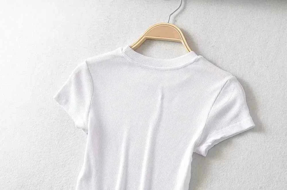 Summer Sexy Women O-neck Short-sleeve T-shirt Solid Color Basic Slim Elastic Skinny Crop Tops