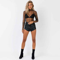 Women's Lace Mesh Sheer Crop Top – Rhinestone Turtleneck Long Sleeve Cover Up