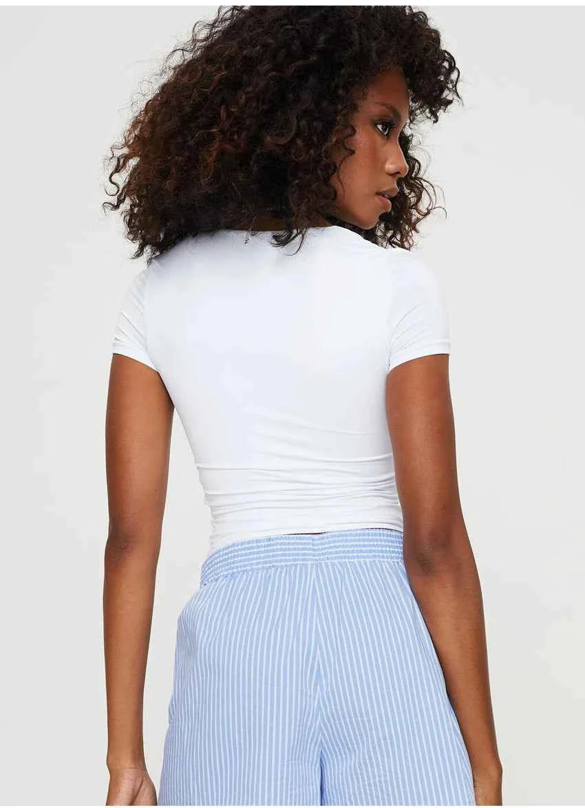 Women's Y2K U-Neck Crop Top – Slim Short Sleeve Casual Tee