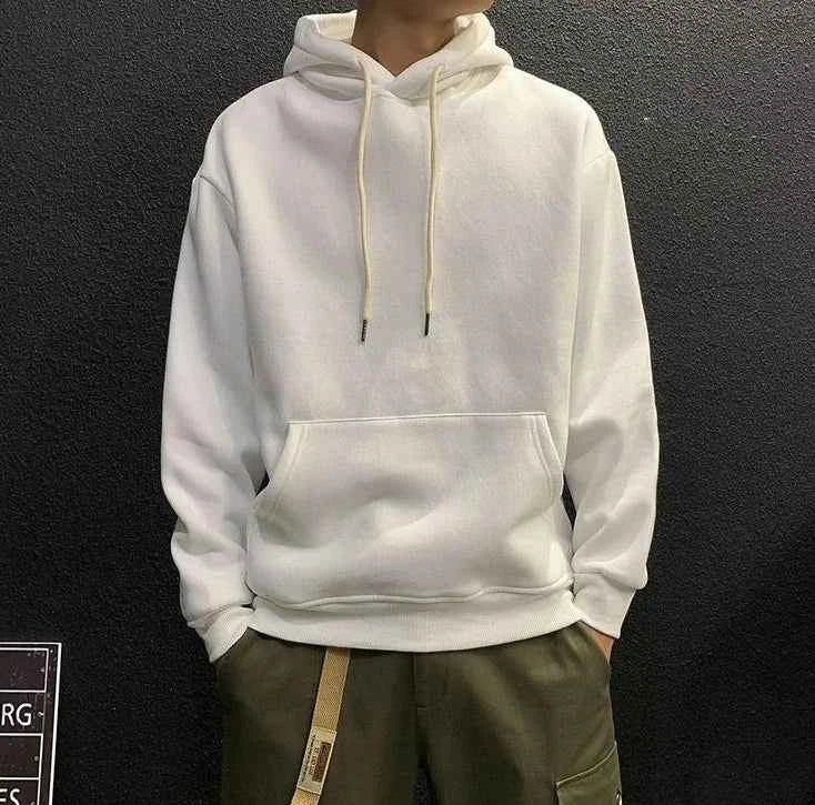Men's Green Fleece Hooded Sweatshirt – Solid Color Casual Pullover Hoodie