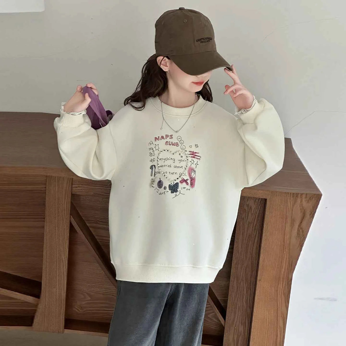 Girls Heart Pearl Sweatshirt – Kids Long Sleeve Casual Fashion Hoodie