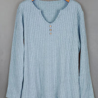 Women's Plus Size Ribbed V-Neck Top – Soft Long Sleeve Button Detail Shirt