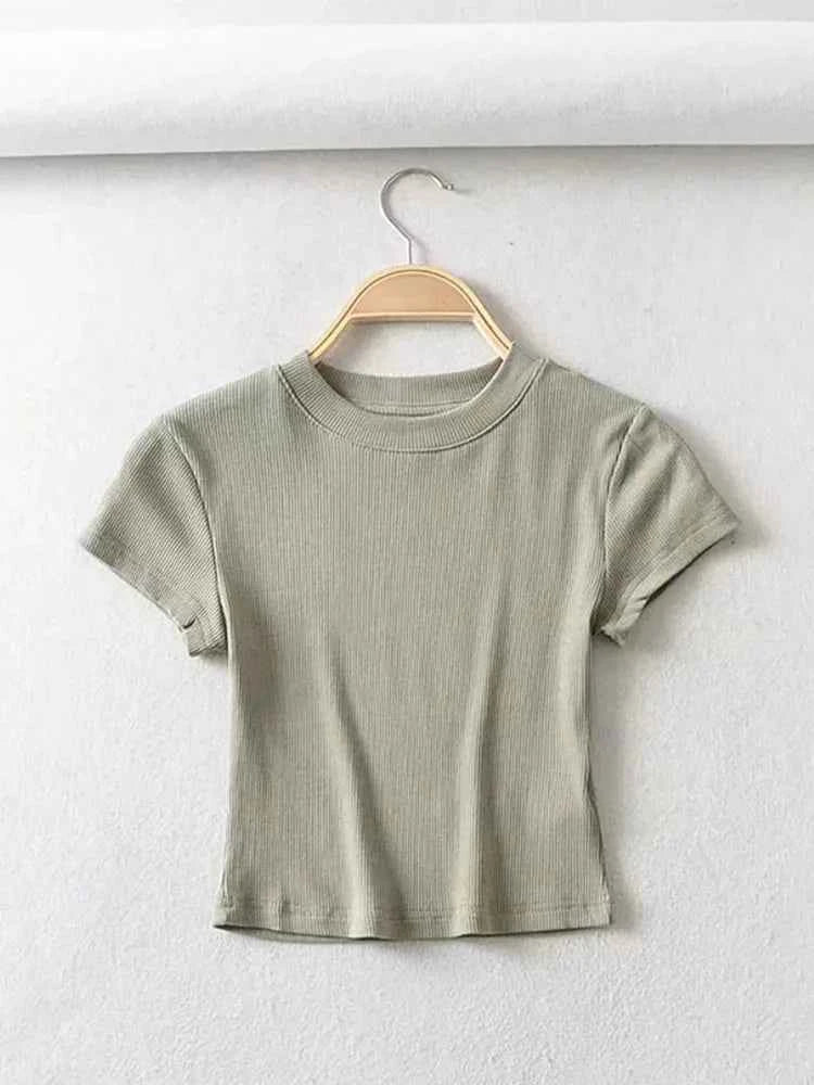 Summer Sexy Women O-neck Short-sleeve T-shirt Solid Color Basic Slim Elastic Skinny Crop Tops
