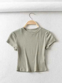 Summer Sexy Women O-neck Short-sleeve T-shirt Solid Color Basic Slim Elastic Skinny Crop Tops