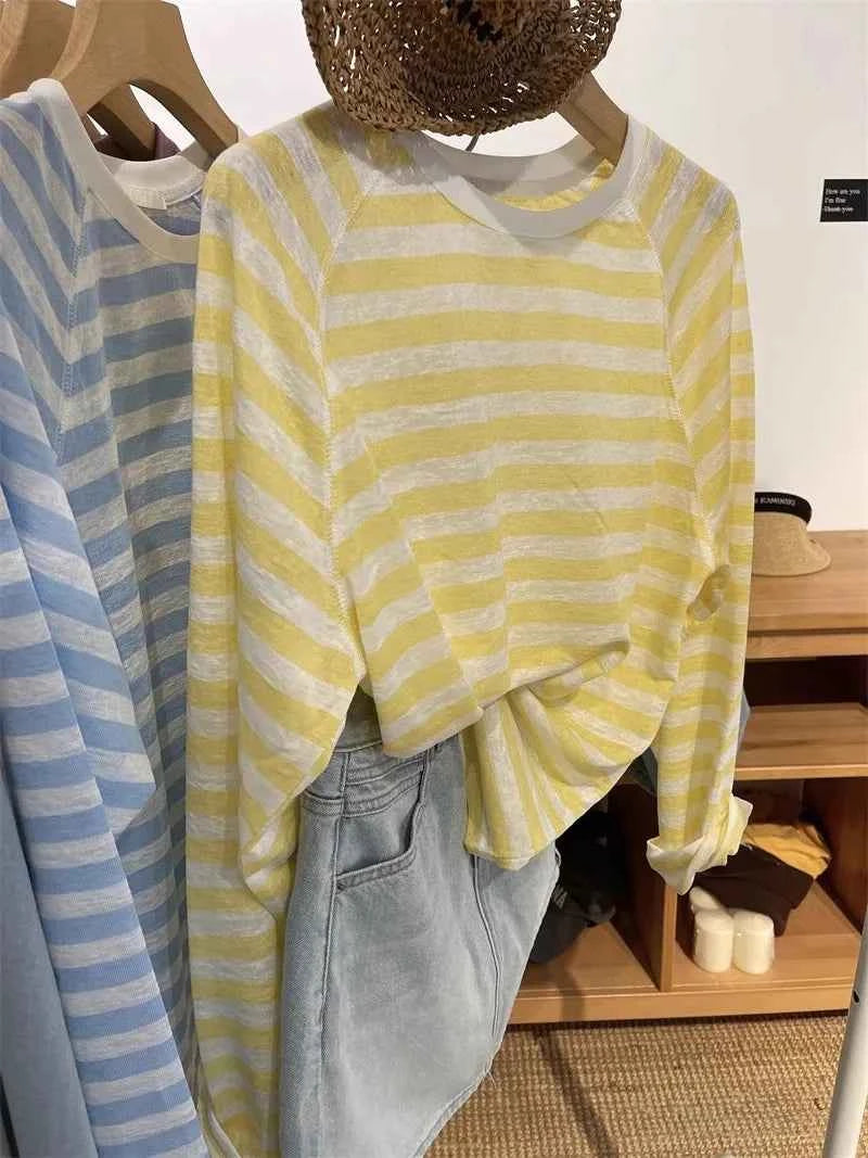 Women's Striped Loose Fit Summer T-Shirt – Trendy Korean Style Sun-Proof Summer Top
