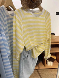 Women's Striped Loose Fit Summer T-Shirt – Trendy Korean Style Sun-Proof Summer Top