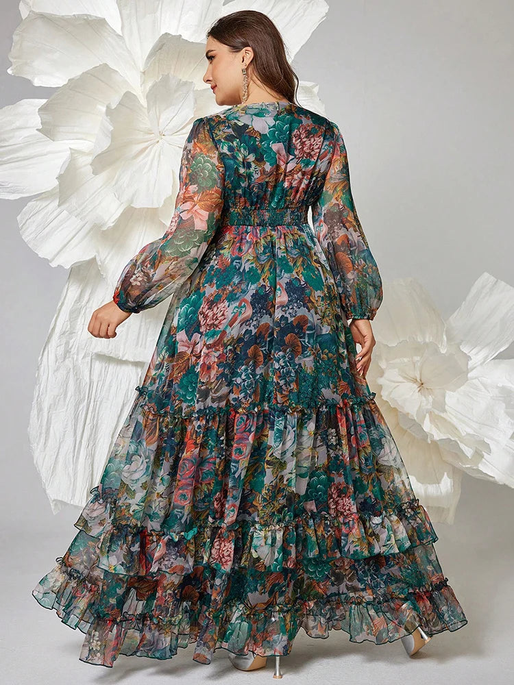 Women's Plus Size Floral Maxi Dress – Elegant V-Neck Party Dress 2024