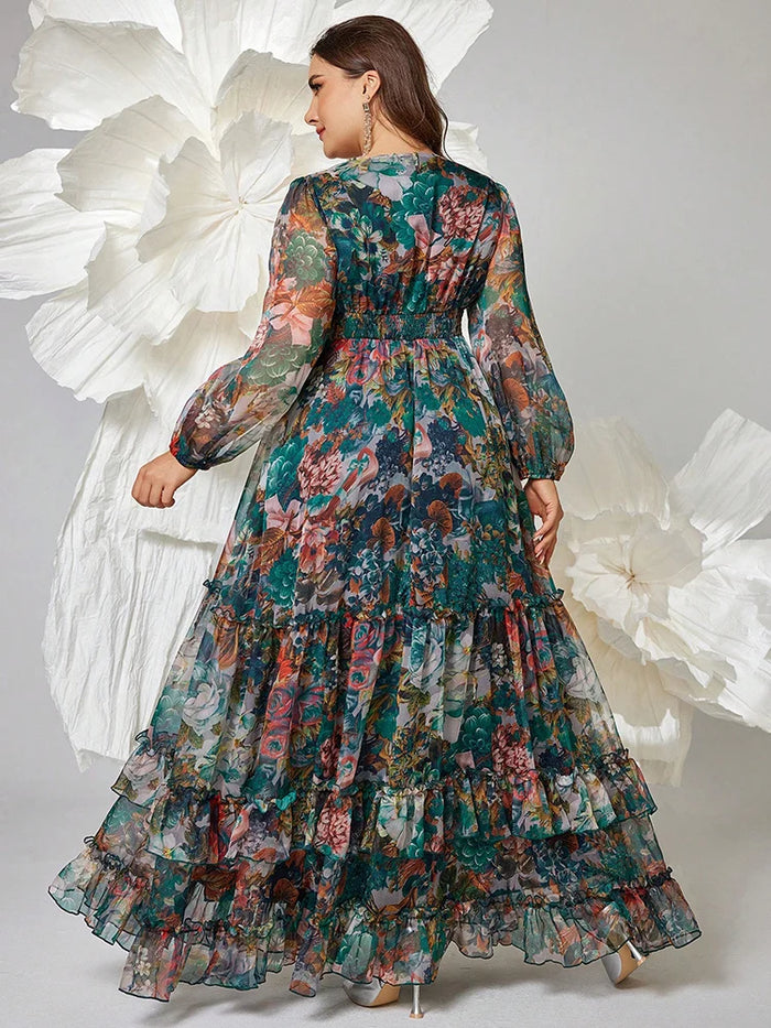 Women's Plus Size Floral Maxi Dress – Elegant V-Neck Party Dress 2024