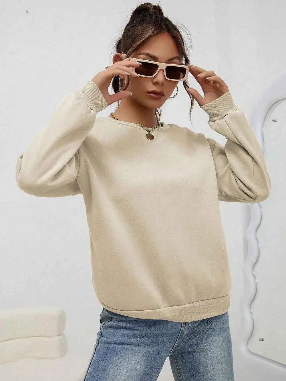 Women's Casual Solid Color Sweatshirt – Loose Fit Crewneck Fashion Pullover