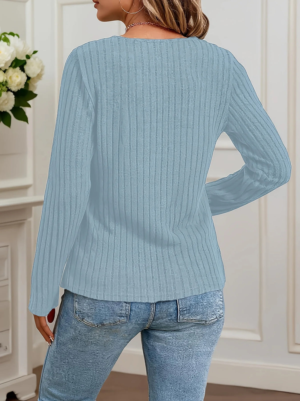 Women's Plus Size Ribbed V-Neck Top – Soft Long Sleeve Button Detail Shirt