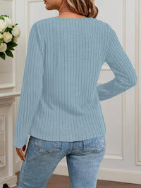 Women's Plus Size Ribbed V-Neck Top – Soft Long Sleeve Button Detail Shirt