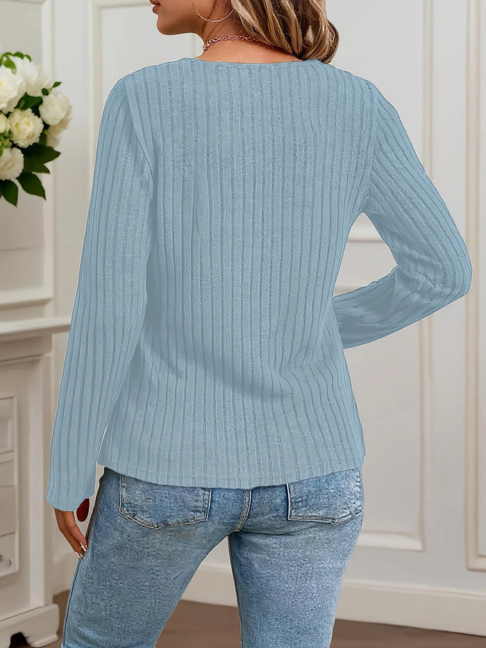 Women's Plus Size Ribbed V-Neck Top – Soft Long Sleeve Button Detail Shirt