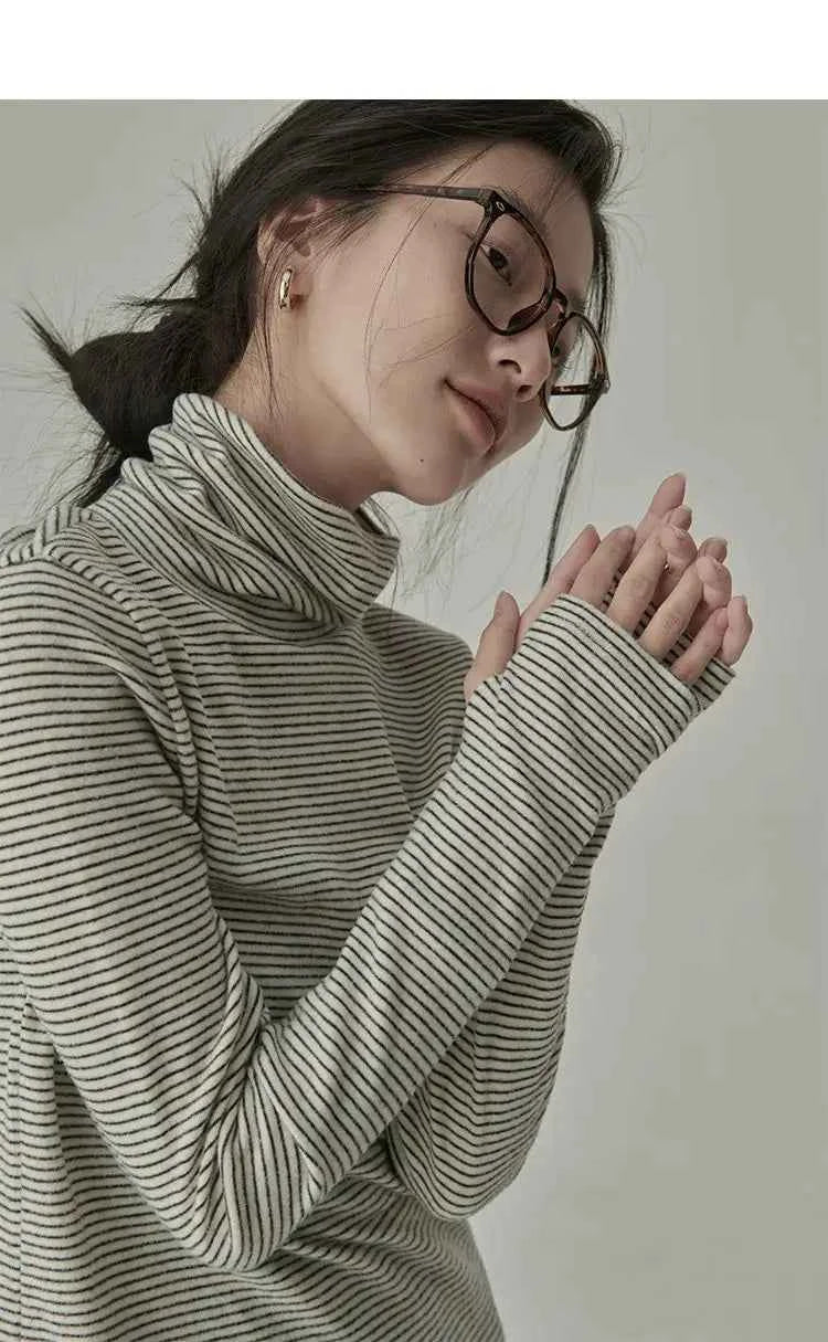 Women's Striped Long Sleeve Turtleneck T-Shirt – Cozy Elegant Korean Style Casual Spring T-Shirt