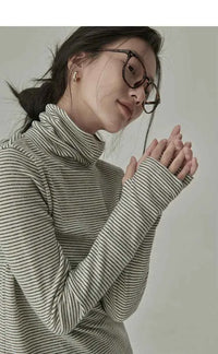 Women's Striped Long Sleeve Turtleneck T-Shirt – Cozy Elegant Korean Style Casual Spring T-Shirt