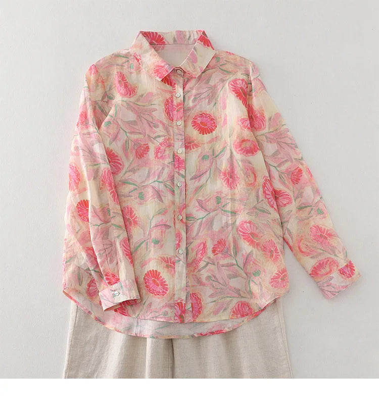 Women's Floral Cotton Linen Shirt – French Artistic Print Long Sleeve Blouse