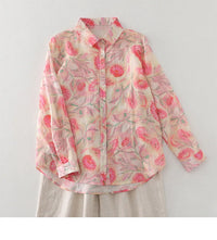 Women's Floral Cotton Linen Shirt – French Artistic Print Long Sleeve Blouse