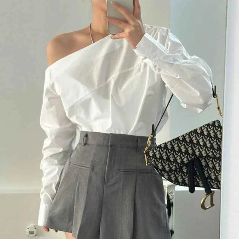 Women's Off Shoulder White Blouse – Elegant Long Sleeve Office Top