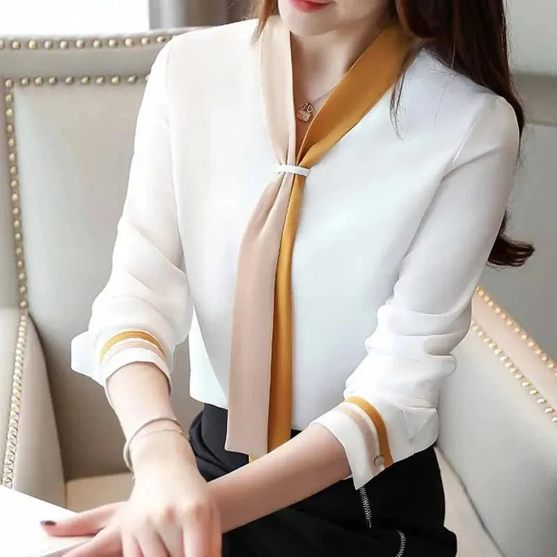 Women's Vintage Chiffon Office Blouse – Elegant V-Neck Long Sleeve Office Shirt