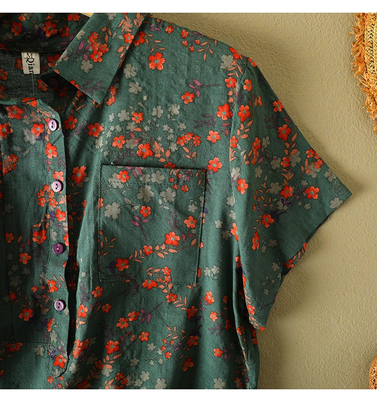 Women's Vintage Floral Print Blouse – Loose Short Sleeve Casual Summer Top