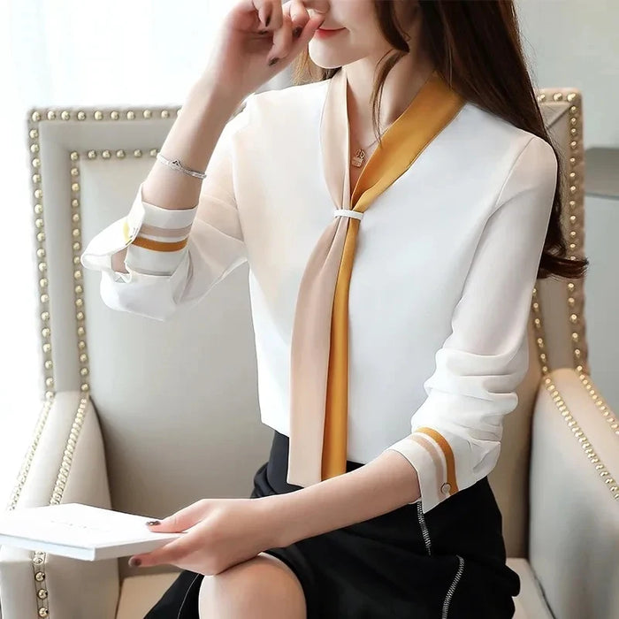 Women's Vintage Chiffon Office Blouse – Elegant V-Neck Long Sleeve Office Shirt
