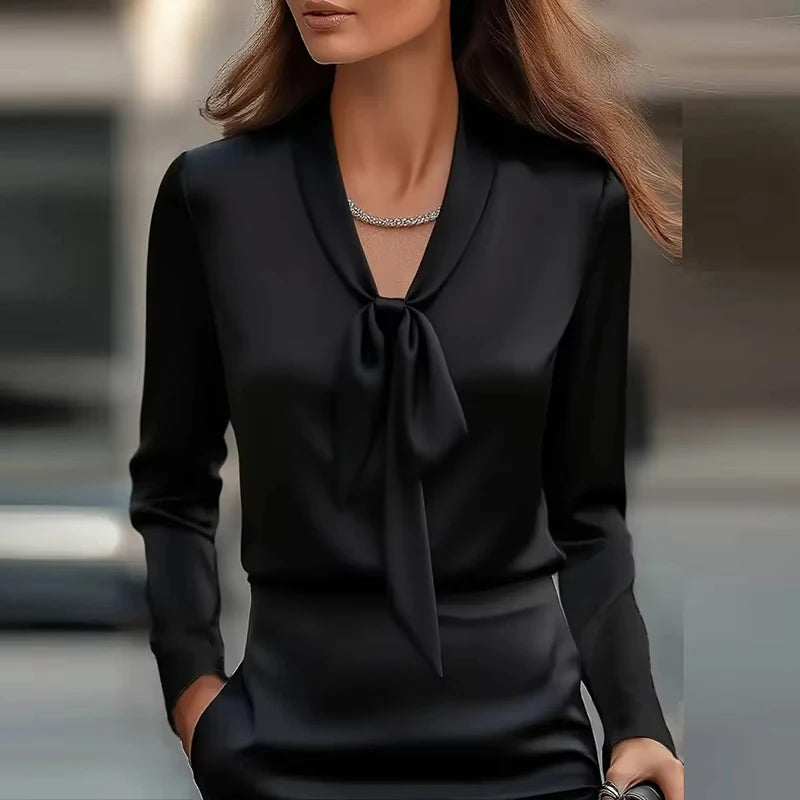 Women's Satin Long Sleeve Office Blouse – Elegant Solid Color Office Pullover