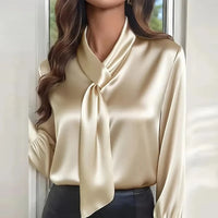 Women's Satin Long Sleeve Office Blouse – Elegant Solid Color Office Pullover