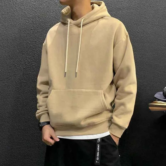 Men's Green Fleece Hooded Sweatshirt – Solid Color Casual Pullover Hoodie