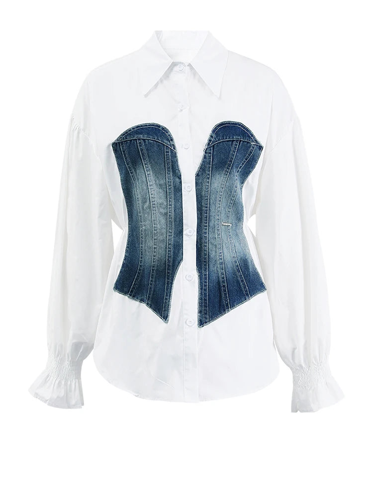 Women's Striped Denim Spliced Blouse – Elegant Lapel Long Sleeve Shirt 2026
