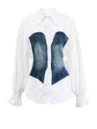 Women's Striped Denim Spliced Blouse – Elegant Lapel Long Sleeve Shirt 2026