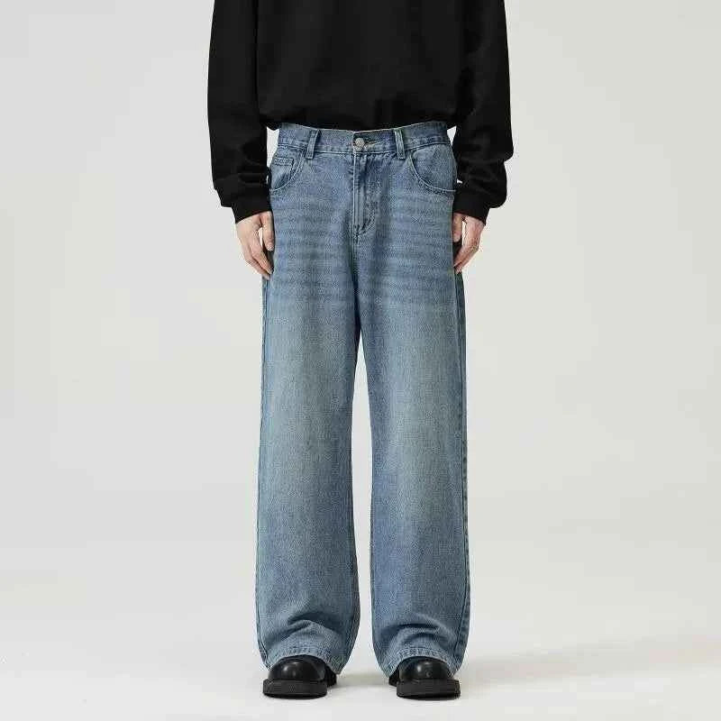 Men's Black Wide Leg Retro Jeans – Washed Loose Straight Cleanfit Denim Pants
