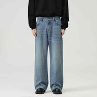 Men's Black Wide Leg Retro Jeans – Washed Loose Straight Cleanfit Denim Pants