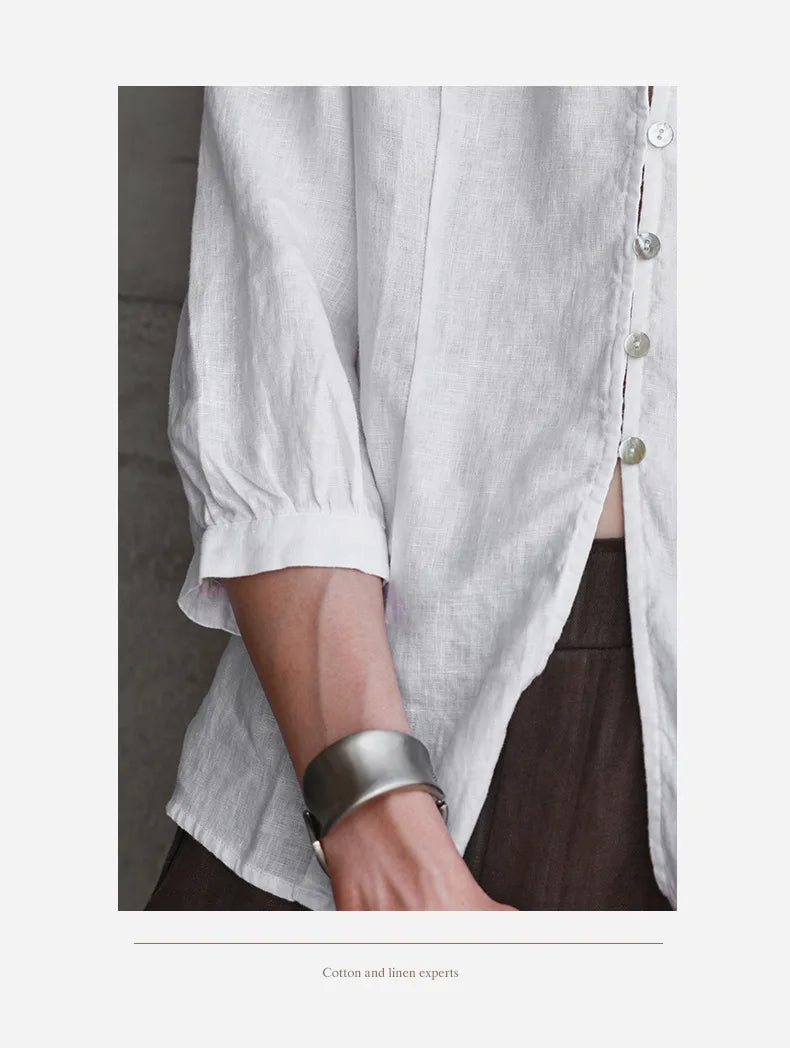 Women's Linen V-Neck Shirt – Premium White Retro Three-Quarter Sleeve Top