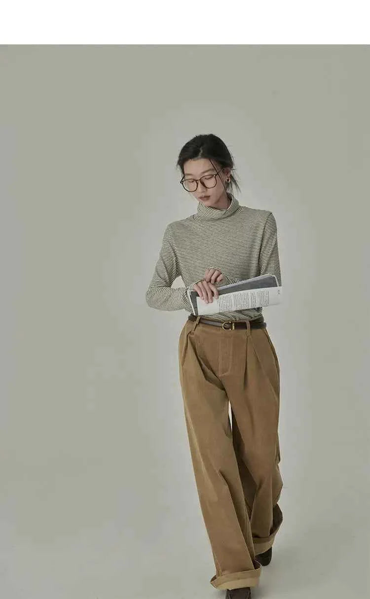 Women's Striped Long Sleeve Turtleneck T-Shirt – Cozy Elegant Korean Style Casual Spring T-Shirt