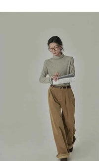 Women's Striped Long Sleeve Turtleneck T-Shirt – Cozy Elegant Korean Style Casual Spring T-Shirt