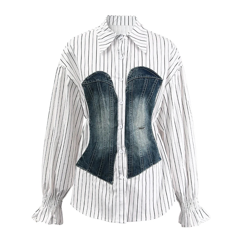 Women's Striped Denim Spliced Blouse – Elegant Lapel Long Sleeve Shirt 2026