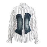 Women's Striped Denim Spliced Blouse – Elegant Lapel Long Sleeve Shirt 2026